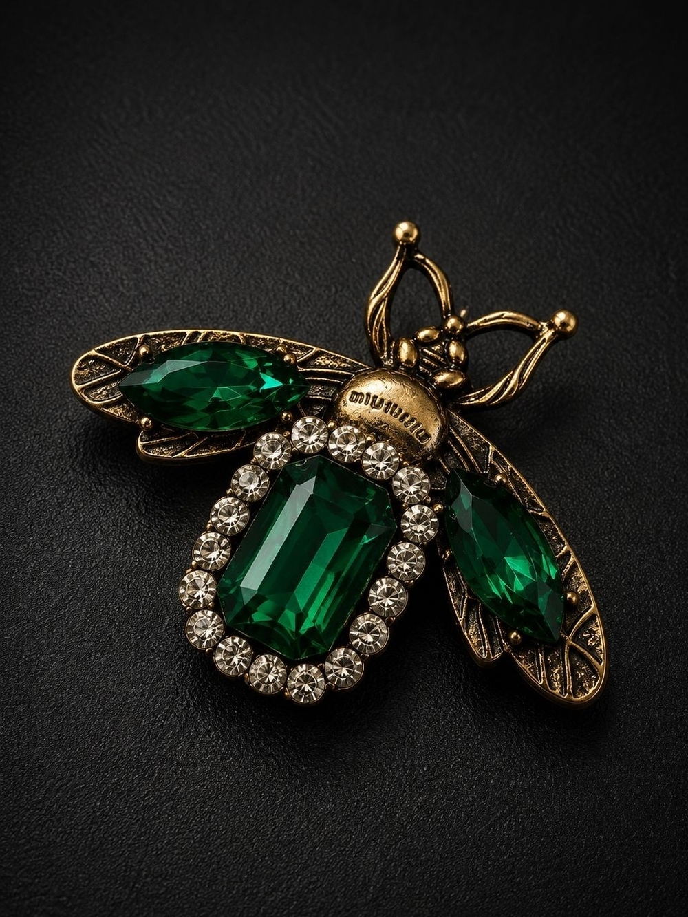 Gold Bee Brooch with Emerald Green Stones